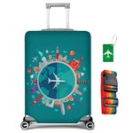 flintronic Travel Luggage Cover Elastic, Luggage Cover, Suitcase Cover, 26-28 Inch Suitcase Protective Cover, with Luggage Tag*1+Luggage Strap*1 (L, Green-Plane)