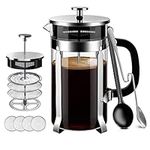 French Press Coffee Maker - Premium 8 Cup 34-Ounce No Grounds Coffee Tea Maker - 4 Level Filtration System & 2 Spoons for Measuring and Mixing Heat-Resistant Borosilicate Glass - Silver