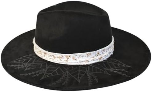 Wildflowers and Barley – Hand-Burned Botanical Design Fedora Hat – Vegan Suede with Twine and Chiffon Band, Wide Brim Flat Crown Hat for Women, Boho Festival Style, Adjustable Fit, Handmade – Black