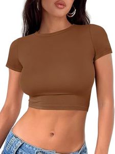 WYNNQUE Womens Crop Tops Cute Summer Scoop Neck Basic Tees Slim Fit Trendy Short Sleeve T Shirts for Teen Girls 2023, Brown-2, X-Large