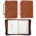 Christian Art Gifts Classic Vegan Leather Bible Cover for Men & Women: Trust in The Lord - Inspirational Bible Verse, Sturdy Easy Carry Book Case w/Pen Loops, Brown, Medium