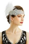 BABEYOND Women’s 1920s Headband Flapper Feather Headpiece with Chain Roaring 20s Great Gatsby Themed Party Hair Accessory (White)