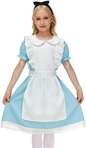 BesserBay Halloween Girls Puff Sleeve Tie Waist Peter Pan Collar Blue Dress with Headband 4-14 Years, Blue & White