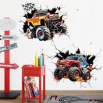 decalmile 2 Large 3D Racing Cars Wall Decals Trucks Break Through Wall Stickers Boys Bedroom Kids Room Playroom Wall Decor