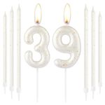 White Gold Happy 39th Birthday Candles, Gold Number 39 Candles for Birthday Cake, White Gold Birthday Candles Cake Topper for Women Men 39th Birthday Cake Decorations, Wedding Anniversary Supplies