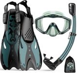 KUYOU Snorkel Set with Flippers for Adults, Dry Top Snorkel and Adjustable Swim Fins, Scuba Diving Snorkeling Gear, Mask Fin Snorkel Set Snorkelling Packages for Men and Women (Dark Celadon, ML/XL)