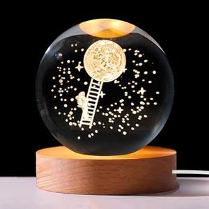 Luz Nocturna con Bola de Cristal 3D Sistema Solar, 8cm Luz Nocturna Planetaria 3D, Lámpara de Noche con Base de Madera, USB, Lámpara de Bola de Cristal Galaxia, Lámpara Luz de Planetas para Decoración