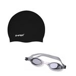 Swimming Goggle, Swimming Cap Combo KIT Set for Kids and Adults, Free Size, Premium Silicone ANTICLIP Cap (Black)