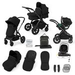 Ickle Bubba Stomp Luxe 12pc 3 in 1 Travel System with Nimbus i-Size Car Seat & ISOFIX Base, Baby Pram Pushchair with Carrycot, Birth to 22kg, Midnight/Black, Black Chassis
