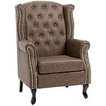 HOMCOM Tufted Accent Chair, Chesterfield-Style Armchair, Upholstered Wingback Living Room Chair with Solid Wood Legs and Nail Head Trim, Thick Padding for Bedroom, Brown