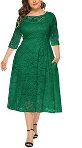 ORANDESIGNE Abiti in Pizzo Plus Size Donna Vestito Lungo Midi Abito Maniche a 3/4 Girocollo Vestito da Sera Maxi Abito con Tasche Taglie Forti Cerimonia Cocktail Partito Festa A Verde 4XL