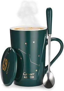 Bruntmor Ceramic Coffee Mug with Constellation Design - Zodiac Sign Mug with Lid, Horoscope Coffee, Tea Cup - Comes in a Box & Spoon - Unique Birthday Astrology Lovers Gifts for Men and Women - Cancer