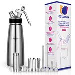 OCTANDRA Professional Whipped Cream Dispenser – 1 Pint Stainless-Steel Cream Whipper Canister - Whipping Siphon - Whip Cream Maker with 3 Decorating Tips, 4 Injector Tips, Storage Cap & Brush