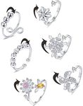 Ofeiyaa 6Pcs Anxiety Rings CZ Beads Flower Star Sunflower Snowflake Fidge Ring Cool Stress Relieveubg Spinner Band Ring Set for Women Men Wedding Silver Tone Adjustable, Cubic Zirconia