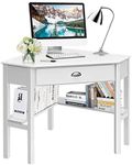 Giantex Wood Corner Computer Desk, Compact Writing Table w/Drawer & Shelves, Space Saving Workstation with Foot Pads, Laptop PC Corner Table Furniture for Home Office, White