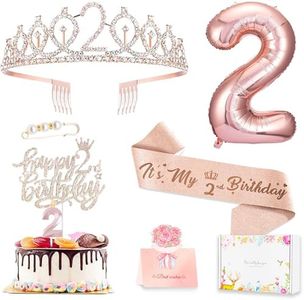 2nd Birthday Decorations for Baby Girls, Including 2 year old Birthday Cake Topper, Birthday Queen Sash with Pearl Pin, Sweet Rhinestone Tiara Crown, Number Candles and Balloons Set, Rose Gold