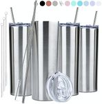 STRATA CUPS Silver Skinny Tumbler with Lid and Straw (4 Pack) - 20 Oz Double Wall Insulated Stainless Steel Slim Tumbler with Straw Cleaner, Reusable Metal Tumbler for Hot and Cold Drinks