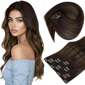 Sunny Hair Clip in Hair Extensions Straight Human Hair Clip in Extensions Remy Clip in Hair Extensions Real Human Hair Extensions Clip ins Dark Brown Ombre Medium Brown Balayage 14inch