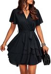 TcIFE Women's Casual Dress Deep V-Neck Short Sleeve Waist Tie Ruffle Chiffon Elegant Mini Short Skirt Dresses Swing Skater Dresses, Black, M
