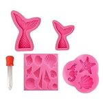 4 Pack Marine Theme Fondant Silicone Molds，Mermaid Princess Mold, Seashell,Marmaid Tail, Sea Turtle, Seashell, Seahorse, Fish Mold Silicone Molds DIY Baking Tool for Under The Sea Cake (Pink)