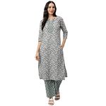 idaLia Women Cotton Printed Grey Straight Kurta Set with Teal Green Printed Palazzo Pants, Grey and Teal Green