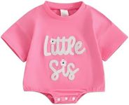 Twopumpkin Newborn Baby Girl Boy Little Sister Big Brother Matching Outfits Short Sleeve Romper Onesie T Shirt Summer Clothes (Embroidered Little SIS Pink, 6-12 Months)