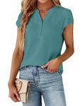 Blooming Jelly Women's Dressy Casual Tops Business Work Blouses 2024 Summer Button Down Shirts Cute Petal Sleeve V Neck Tshirt (Turquoise,Large)