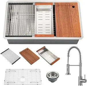 Fatspas 33 x 19 Kitchen Sink with Faucet, Stainless Steel Undermount Single Bowl Kitchen Sinks, Large Farmhouse Workstation Sinks with Accessories, 11 Gauge 10 Inch Deep Drop In Sink, Brushed Nickel