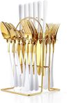 24 Pieces Flatware Set, Stainless Steel Flatware Set with Silverware Holder Spoons Forks Knives,Utensils Set Service for 6,Gold Mirror Polished and Matte White Painted (White)