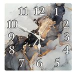 Britimes Square Wall Clock Silent Non-Ticking Battery Operated Clock 12 Inch, Luxury Black Gold Watercolor Stone Home Decor for Living Room, Kitchen, Bedroom, and Office