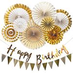 Party Propz Birthday Decoration Items -10Pcs, Paper Decoration Items for Birthday | Paper Fan Hanging Decorations Set with Happy Birthday Banner(Cardstock), Pennant Banner | Wall Decorative Supplies