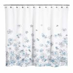 Sunlit Design Simple Style Blue and Gray Flower Blossoms Fabric Shower Curtains for Bathroom Decor with White Background, Machine Washable 71x71 inches