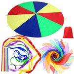 Vertintong 31 Pcs Gymnastics Party Favors for Kids Include 10 ft Parachute with Handles Play Parachute Games with Bag 24 Juggling Scarves 6 Long Rainbow Streamer for Toddlers Children Classroom Play