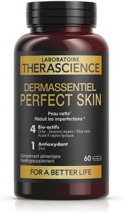 DERMASSENTIEL PERFECT SKIN |Peau nette & sans imperfections |Acné légère à modérée | 4 bioactifs : aloe vera, palmier nain, ortie, acide alpha-lipoique| Zinc| 60 Comprimés | Laboratoire THERASCIENCE