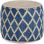 SIMPLIHOME Edgeley Round Pouf, Footstool, Upholstered in Classic Blue, Natural Woven Braided Jute and Cotton, for the Living Room, Bedroom and Kids Room, Boho Small Parcel