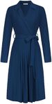 GRACE KARIN Women 2024 Summer Casual V Neck A-Line Dress Long Sleeves Belted Swing Pleated Cocktail Party Beach Midi Dresses Royal Blue S