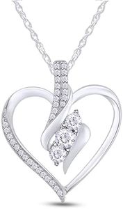 AFFY Diamond Heart Pendant Necklace | 3 Stone 1/4cttw Natural Diamond | 14K White Gold Over Sterling Silver (0.25 Ct) with Free 18" Chain For Women, Gift For Her