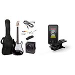 RockJam Full Size Electric Guitar Kit with 10-Watt Guitar Amp, Lessons, Strap, Gig Bag, Picks, Whammy, Lead and Spare Strings - Black & D'Addario Guitar Tuner - Eclipse Headstock Tuner - Black