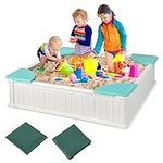 HONEY JOY Sandbox with Cover, 6FT Oval Sand Pit Play Station for Backyard, 4 Built-in Seating & Bottom Drainage Liner, All Weather Resistant Sand Boxes for Kids Outdoor with Lid (Square White)