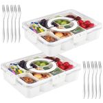 ALEXPRE 2 Pack Divided Serving Tray with Lid, Snack Box, Portable Snack Platters Organizer, Charcuterie Container with 8 Compartments & 5 Forks, Food Storage Containers, Keep Your Candy, Chips Fresh.