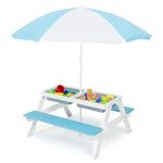 Costzon Kids Picnic Table, 3 in 1 Sand & Water Table w/Height Adjustable Umbrella, Removable Tabletop, Children Outdoor Toy Playset w/2 Play Boxes, Wooden Convertible Activity Play Table (Blue)