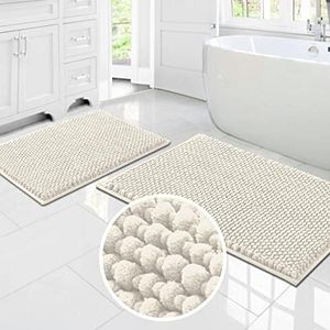 PrinceDeco Bath Mat Bathroom Rugs Sets Bath Mats Soft Water Absorbent Plush Bath Runner Rug Non Skid Washable Bathroom Floor Mat for Kitchen/Living Room- (51cm x 81cm/43cm x 61cm,Ivory)