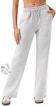 PINSPARK Fleece Wide Leg Sweatpants Women Drawstring High Waisted Sweat Pants Loose Workout Pants with Pockets Heathered Core Ultra White Grey Petite XL