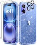 BERFY 5 in 1 Compatible with iPhone 16 Case Glitter, with 2X Screen Protector + 2X Camera Lens Protector, [Non-Yellowing] Clear Sparkle Slim Shockproof Hard Phone Cover for Women 6.1", Shiny Blue