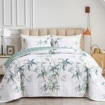 3 Pieces King Size Botanical Quilt Set, Green Leaves Printed on White Reversible Bedspread Coverlet Set, Soft Microfiber Lightweight Bed Cover for All Season (102" x 90", 1 Quilt+ 2 Pillow Shams)