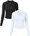 OQQ Women‘s 2 Piece V Neck Shirts Long Sleeve Sexy Basic Tops Fitted Polo Tee Shirts Black White