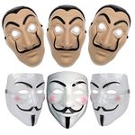 Party Propz Vendetta Mask and Dali Mask - 6Pcs Money Heist Mask | Full Face Mask for Men, Women, Kids | Hacker Mask for Boys | Cosplay Mask | Guy Fawkes Mask | Red Criminal Mask | Anonymous Mask