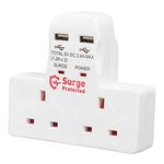 Invero 2 Way Gang Cable-Free Multi-Plug 13A Wall Socket Adapter with 2x USB Charging Ports 2.4A - Surge Protected - Neon Indicator - White