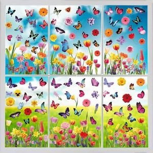 QNTCCX Spring Window Clings Stickers - Enchant Your Glass Windows with 127 Pieces on 9 Sheets - Tulip, Butterfly, and Flower Designs for a Colorful Home Décor