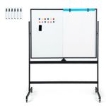 COSTWAY Double Sided Magnetic Whiteboard, Mobile Reversible Dry Erase Board with Black Markers, Eraser, Magnets & Marker Tray, Height Adjustable Standing White Board (120 x 90cm, Black)